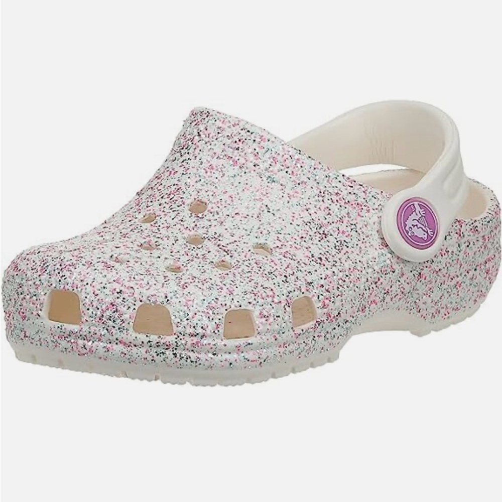 CROCS Child Sz C 10 Glitter Clogs White w Pink & Silver Glitter